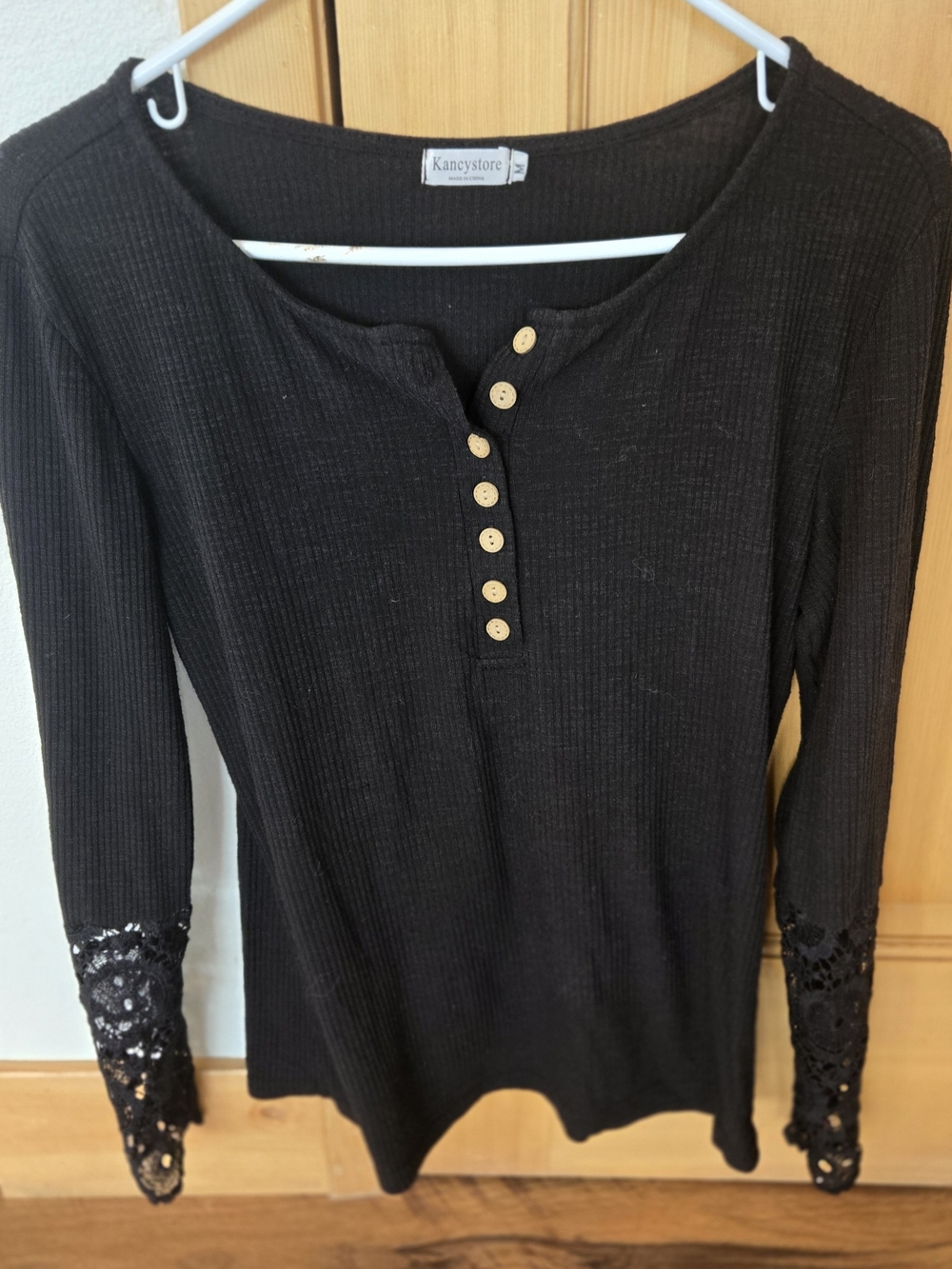 Black Long-Sleeve Henley Top with Lace Cuffs